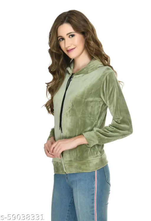 Olive velvet solid full sleeves casual jacket for women on hanger