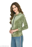 Olive velvet solid full sleeves casual jacket for women on hanger