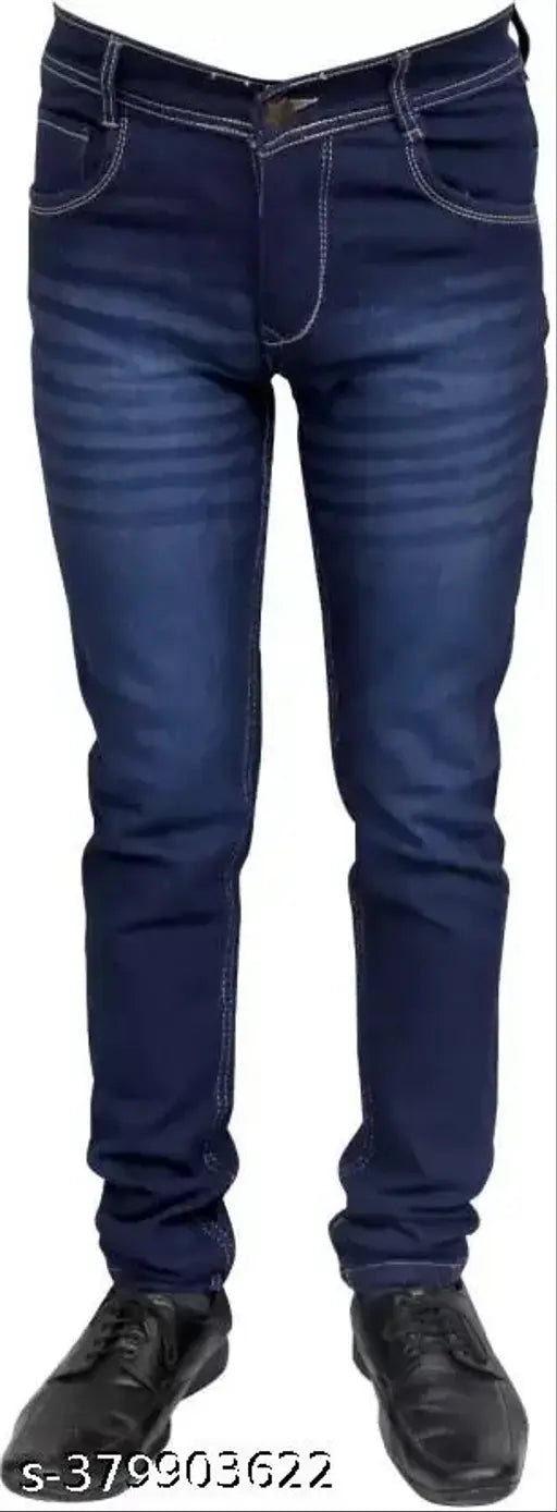 Men's slim mid-rise blue cotton blend jeans, dyed/washed. Heavy stitching and double-stitching details show quality. Size 28 (28waist/39length/33hip), also available in size 30 (30waist/39length/35hip). Made in India