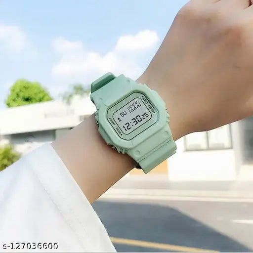 Luminous green square sports digital watch with silicone strap
