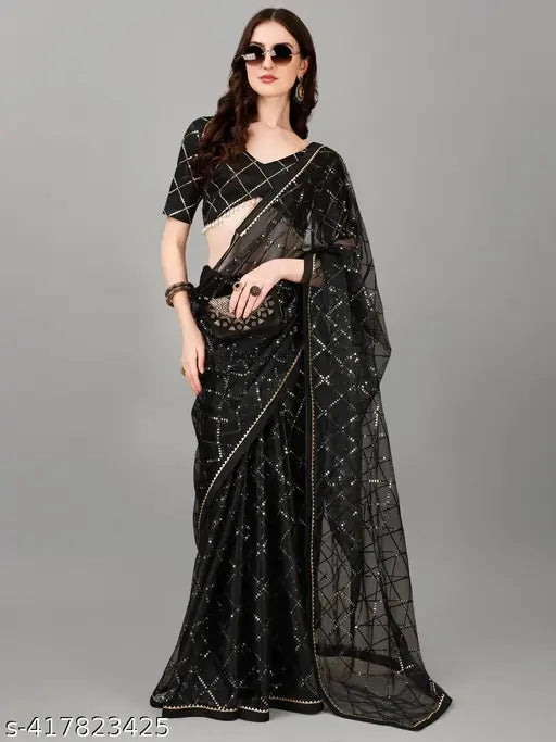Embroidered net saree & Bangalore silk blouse, Indian embellished traditional wear for women, free size, 5.5m length
