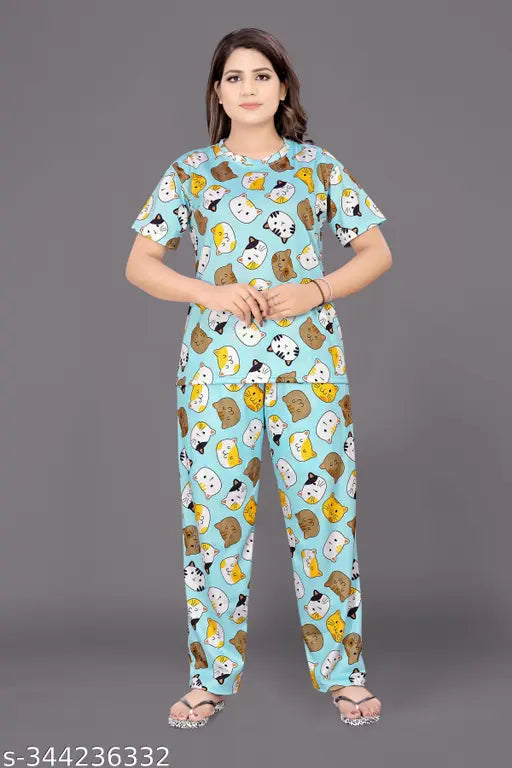 Women's printed polycotton pyjama & t-shirt night suit set, pack of 2 for a comfortable sleep, India origin