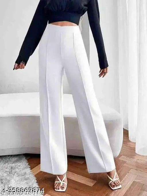 White polyester blend pants, casual style, elastic waistband, 38 inches length