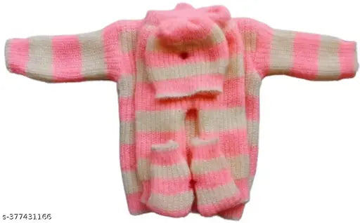 Woolen new born baby clothes combo: 2 sets (4 pcs each), striped long sleeve sweater, pajamas, caps, socks, unisex winter suit for infants 0-3 months, random color pack of 2