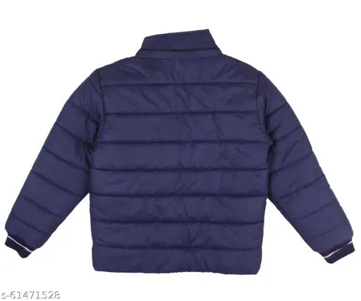 Dark blue padded winter coat with hood, full length zip closure