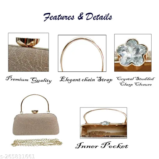 Gold-tone metallic clutch purse with short strap, designed for evening party wear, suitable for brides and fashionable women