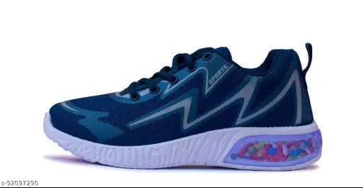 Blue and white sports running shoes with black laces