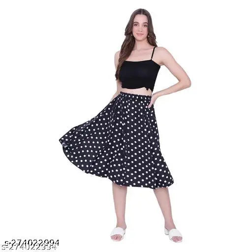 The image features a long skirt in a polka dot pattern