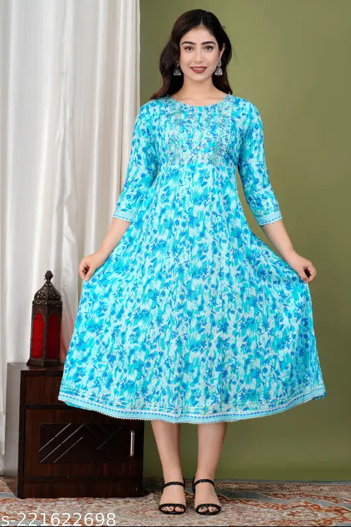Sky blue rayon printed anarkali kurti, three-quarter sleeves, Indian traditional women's fashion
