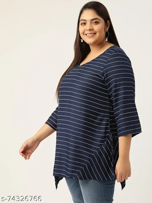 Navy blue & white striped plus size viscose rayon V-neck top with three-quarter sleeves and flared hem, printed pattern, made in India