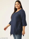 Navy blue & white striped plus size viscose rayon V-neck top with three-quarter sleeves and flared hem, printed pattern, made in India