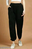 Black cotton blend women's jogger track pant, solid pattern for winter wear