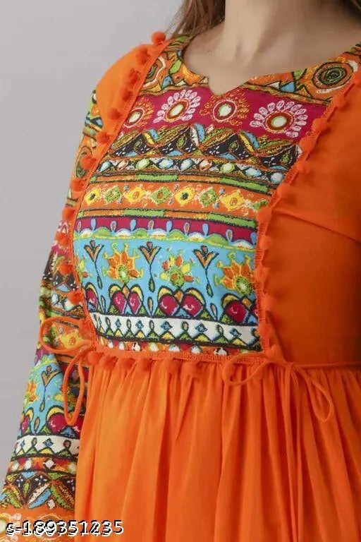 Trendy rayon A line printed Anarkali kurti, solid color, three-quarter sleeves. Rayon women's dress for parties or weddings. Indian design, XS-5XL sizes available
