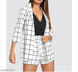 Cotton blend western shirt and short combo, self-design denim for women's casual wear, dark wash color with three-quarter sleeves