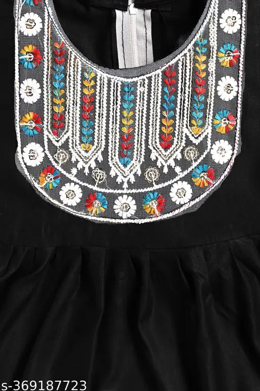 Elegant black embroidery cotton blend kurti set for kids, three-quarter sleeves, embellished net design. Size options: 0-3M, 0-6M, 6-9M, 6-12M, 9-12M, 12-18M, 18-24M, 0-1Y, 1-2Y, 2-3Y, 3-4Y. Indian origin