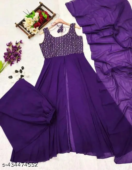 Purple Georgette Kurta with Embellished Net Dupatta and Palazzos, single set available in sizes XS-XXL