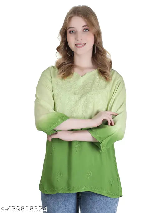 Rayon embroidered short kurta, traditional Lucknowi Chikankari design, comfortable and versatile for everyday casual wear or festive events