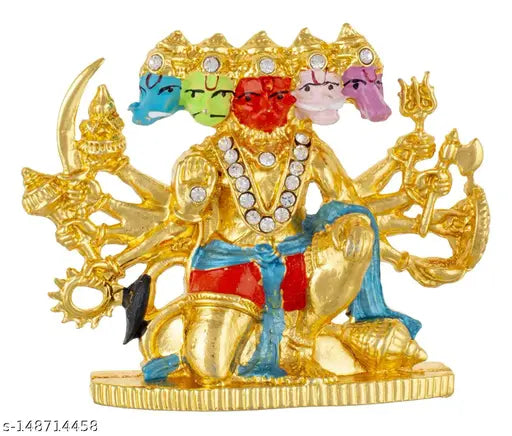 Brass oval Panchmukhi Hanuman idol, approx 6cm, 120g. Indian god statue in box