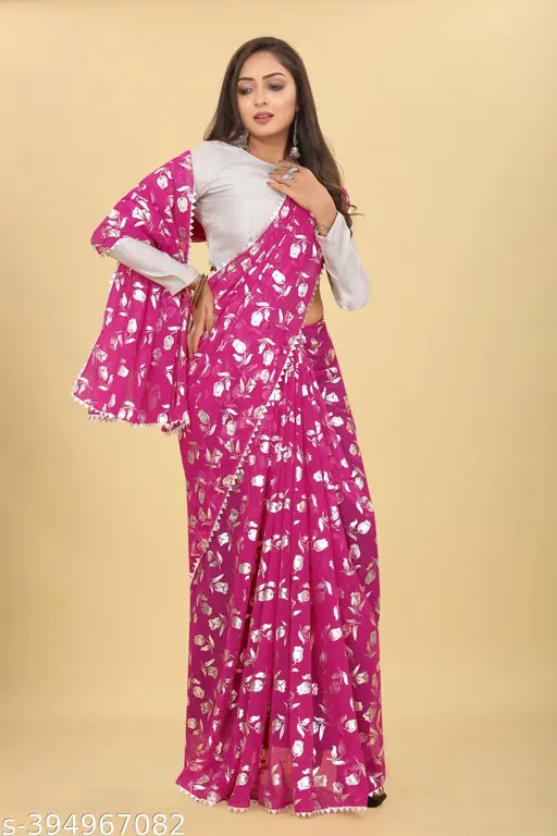 Pink floral saree with pallu and petticoat