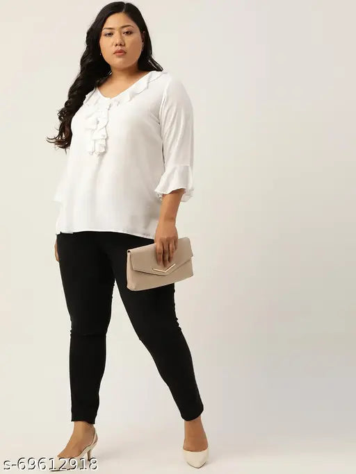 Viscose rayon plus size white solid color bell sleeve top, V-neck with three-quarter sleeves and ruffles detail, India-made