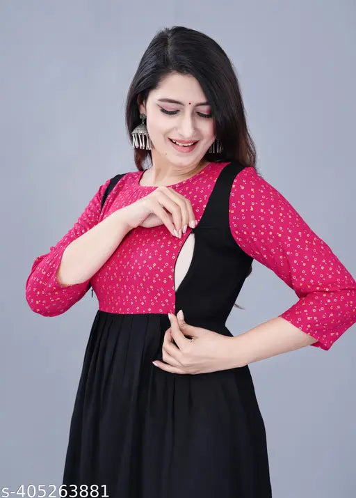 Women's rayon Anarkali print maternity kurti with both side zip, three-quarter sleeves, ideal for pregnant women, available in M, L, XL, XXL sizes