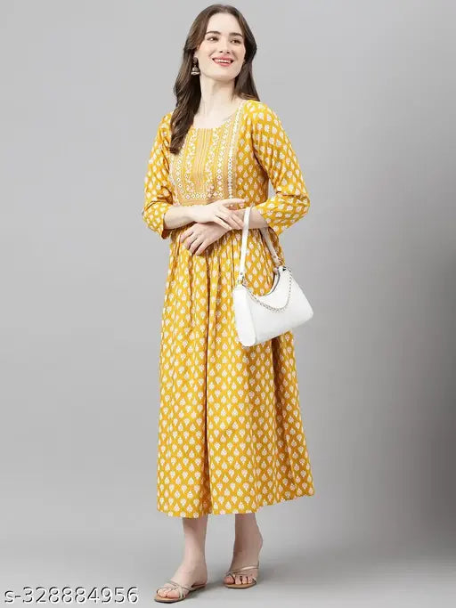Rayon printed embroidery anarkali kurta, trendy and flared for festive partywear, India origin