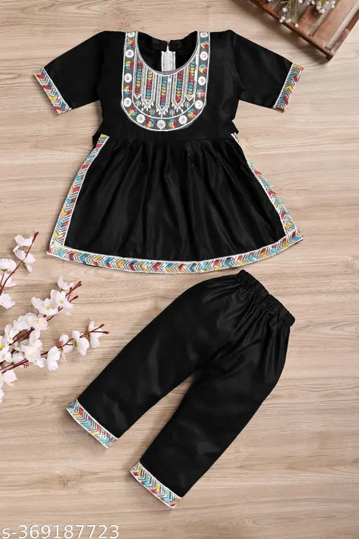 Elegant black embroidered cotton blend kurti set for kids (0-3 years), featuring three-quarter sleeves and net pattern