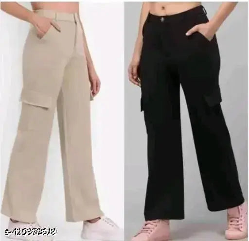 Three pairs of high-waisted women's trousers in various colors and lengths
