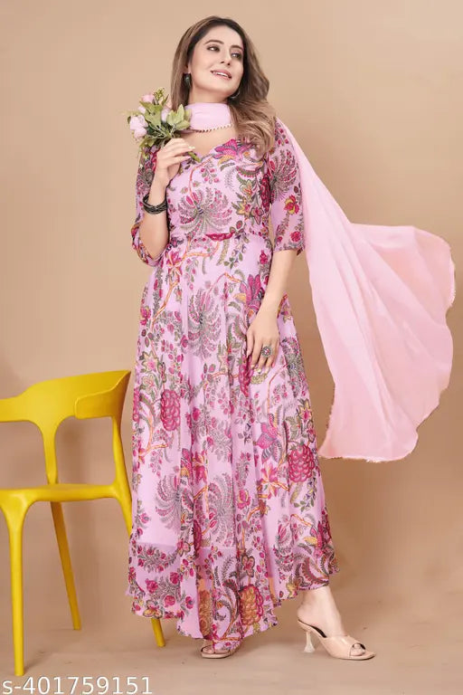 PRISTINO New Designer Floral Printed Dress With Dupatta No Bottom Wear For Women Pink