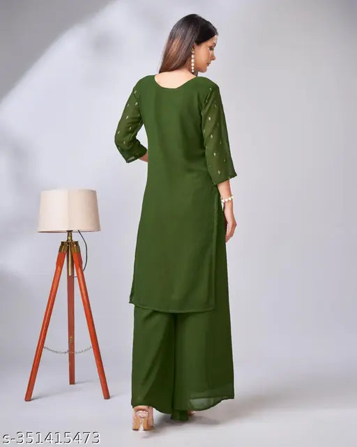 Green Georgette Sharara-Tinu Kurta Set with Dupatta and Palazzos, embroidered three-quarter sleeves, single quantity, India-origin