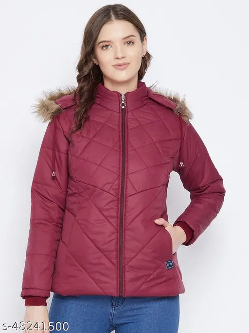 Maroon women's parka jacket, solid polyester full-sleeve design, quilted with polyfill, detachable faux fur hood, 3 pockets (1 inside, 2 outside), Indian origin