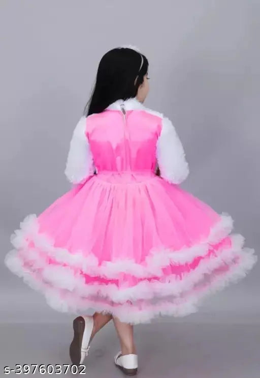 Coral and white net frock with fluffy sleeves and floral details, ideal for girls' special occasions (1-11 years)