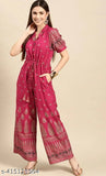 Printed rayon red jumpsuit for women, short sleeves and net pattern, size S-XXL, India origin