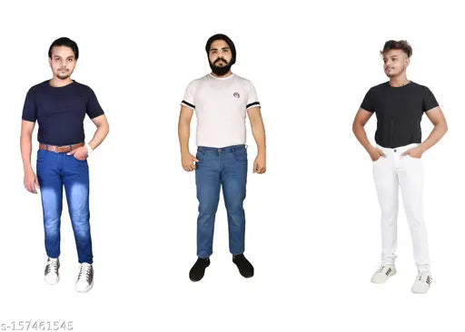 Designer creation denim jeans for men, solid denim, three-piece set (sizes 28, 30, 32, 34, 36). Denim pants on hanger. Made in India