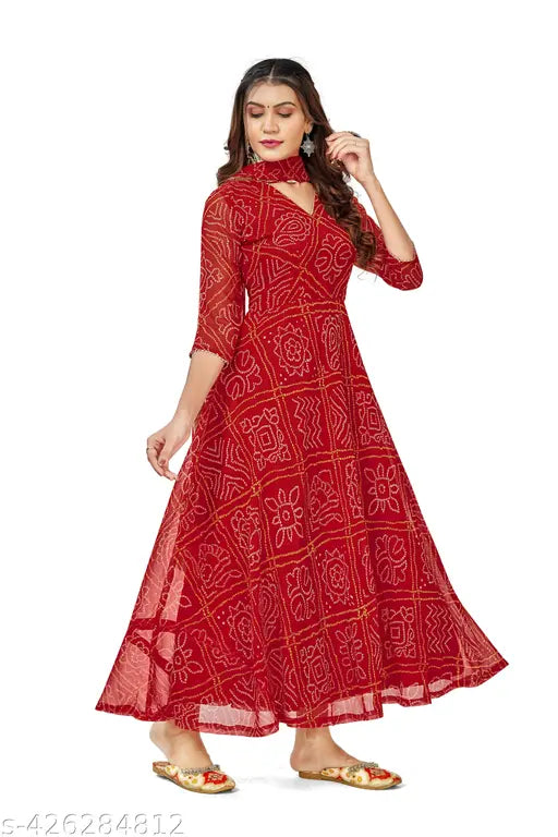 Hand-dyed Bandhani Anarkali Kurta Set, traditional and elegant Georgette kurti for festive wear, three-quarter sleeves on display