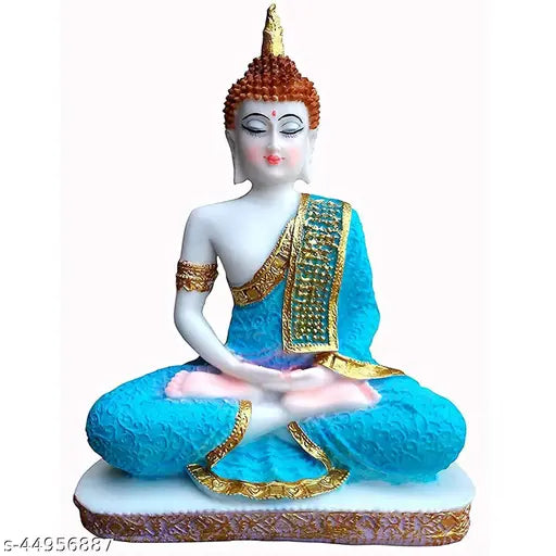 Goldiluxe blue-white Gautam Buddha statue, polyresin decor showpiece for home or study room, 22cm tall