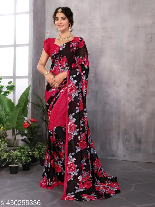 Red and black floral Georgette saree with unstitched blouse