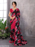 Red and black floral Georgette saree with unstitched blouse