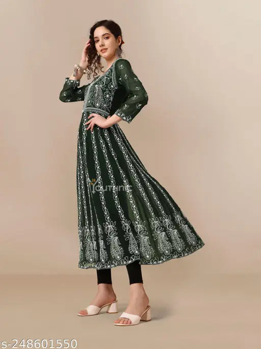 Georgette embroidered women's kurti, three-quarter sleeves, single color, Indian ethnic wear