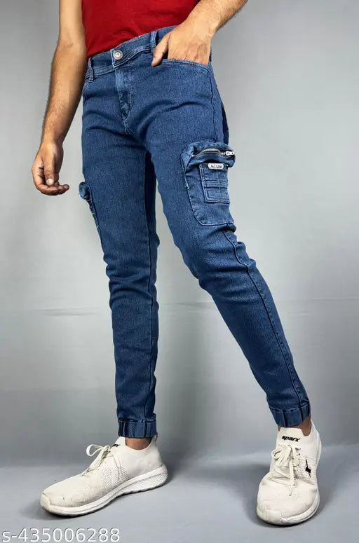 Dark blue denim skinny jeans with cuffed legs and side pockets