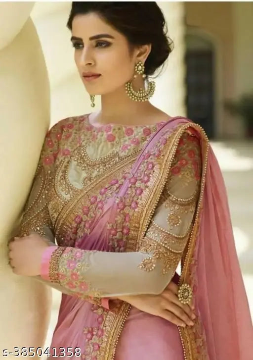 Vichitra silk embroidered pink saree with blouse, intricate detailing and modern twist, Indian craftsmanship
