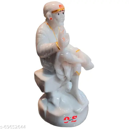 White marble Shirdi Saibaba statue, 6-inch tall religious idol with gold mukut and free Mala, used for home or office mandir decoration