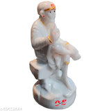 White marble Shirdi Saibaba statue, 6-inch tall religious idol with gold mukut and free Mala, used for home or office mandir decoration