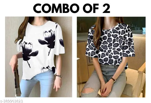 Combo of 2 Oversized T-shirts with Black Flower Print, Ladies' Blouses