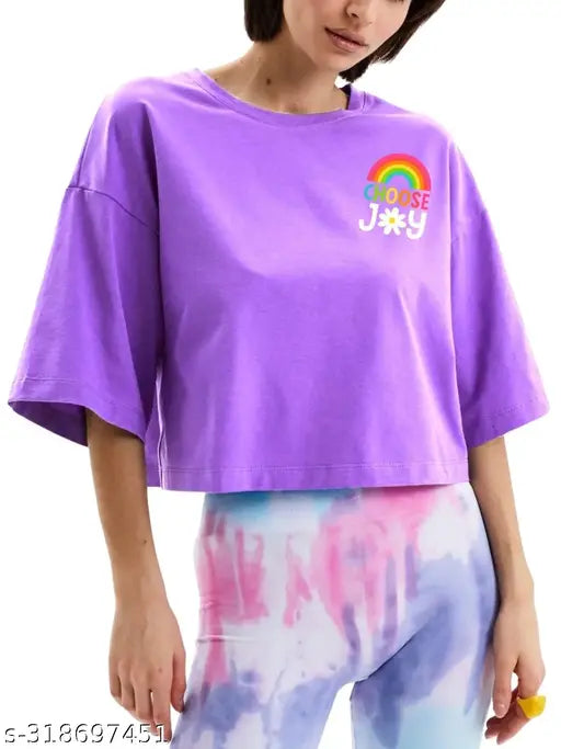 Lavender cotton blend crop top, trendy women's half sleeve, printed graphic design