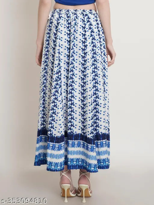 Blue rayon abstract print maxi skirt for women