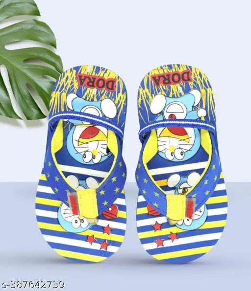 Kids EVA flip flops, multicolor Doraemon pattern, comfortable unisex slippers for home, beach, bathroom, outdoor use