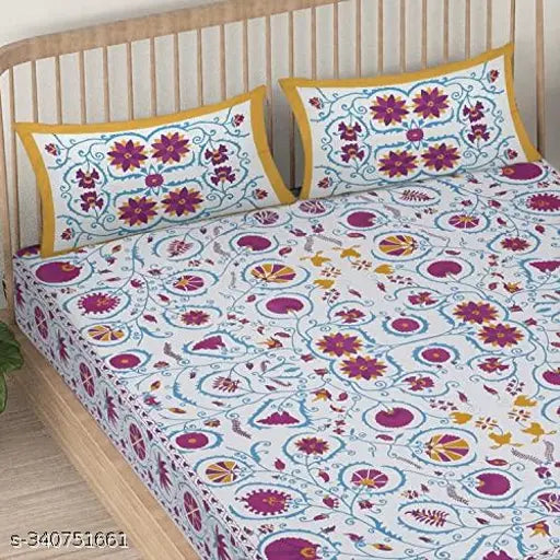 White printed floral cotton flat sheets, superfine quality for summer, set includes 2 pillow covers, India origin