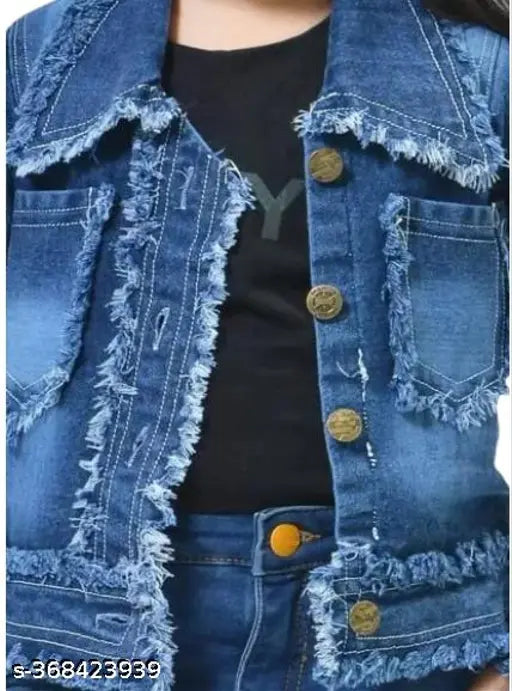 Distressed denim jacket, long sleeves, self-design by ADM GERMENTS for girls, 100% cotton fleece lining, India origin
