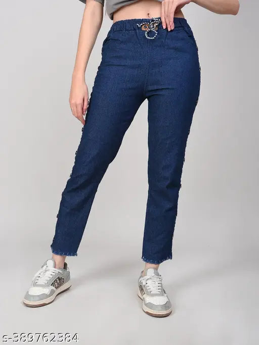 High-waisted dark blue stretchable denim bell-bottom jeans with side button closure